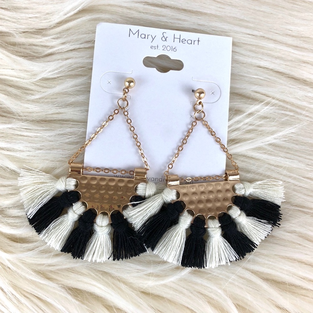 Black and White Gold Tassel Fringe Earrings - Picture 2 of 5